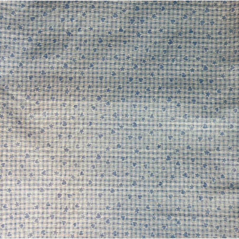 Vintage Blue White Gingham Hearts Stars Cotton Fabric 45